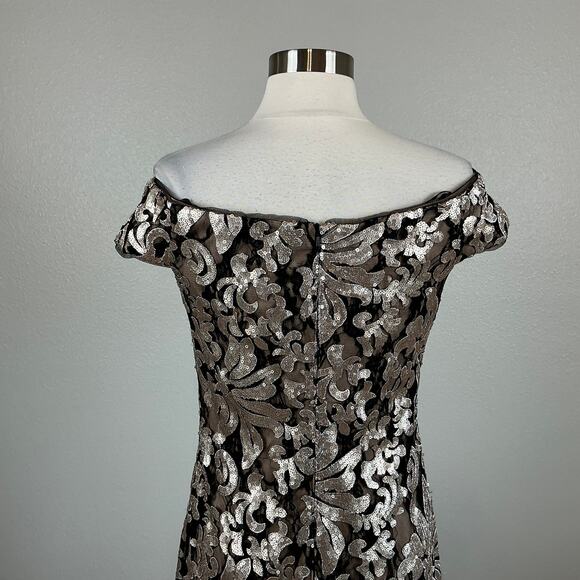 XSCAPE Sequined Off the Shoulder Evening Gown Black and Gold Size 6 Formal Dress - Picture 8 of 13
